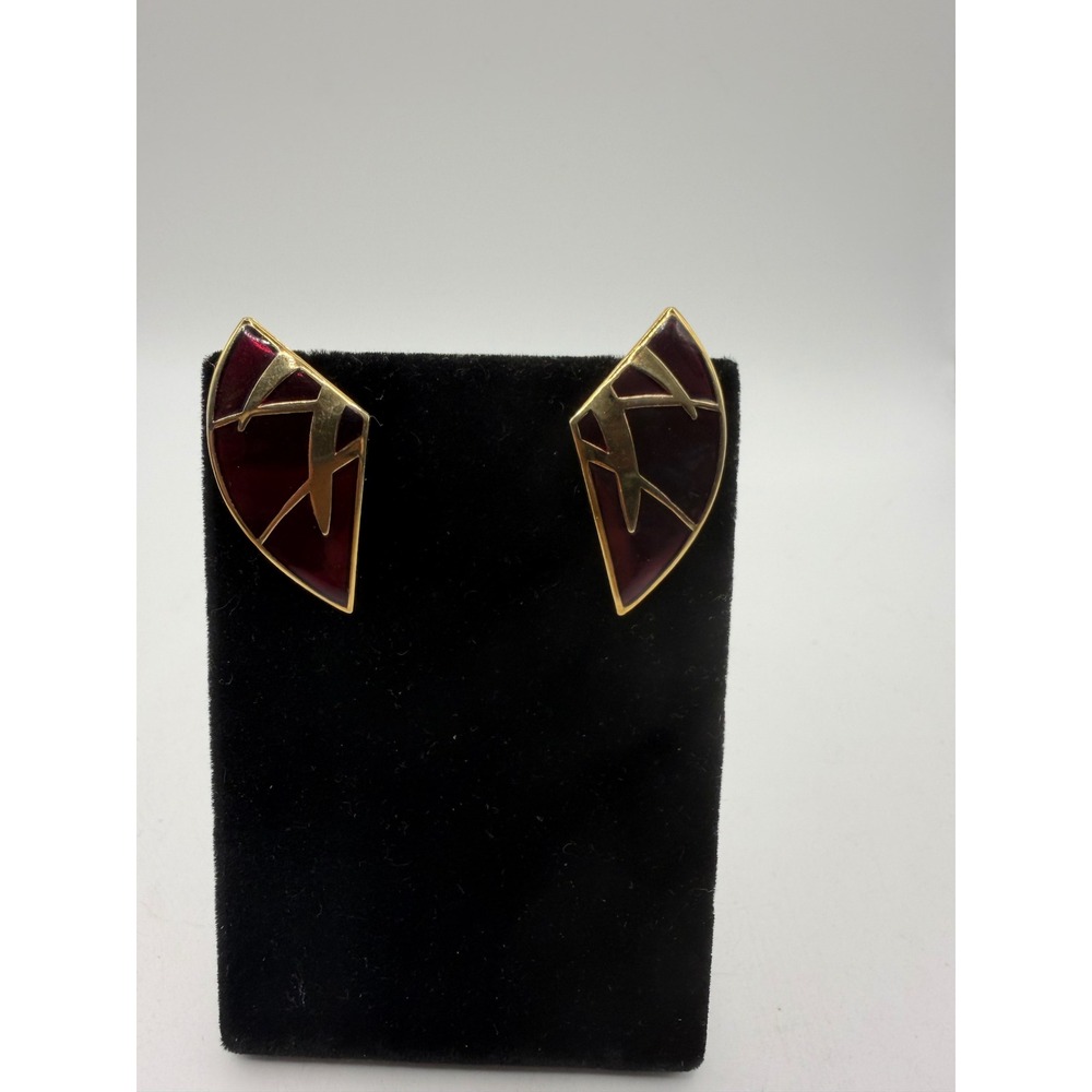 Vintage Geometric Burgundy Enamel Gold ToneAbstract Post Stud Earrings Statement